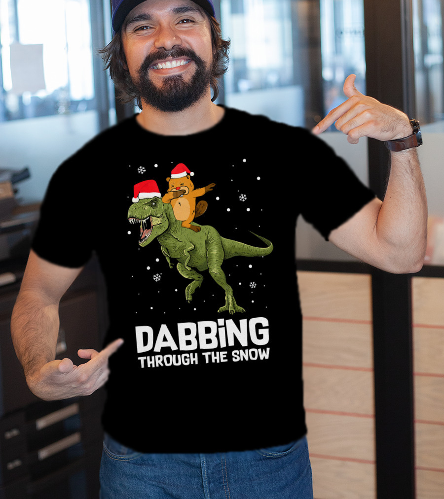 Beaver Dabbing On Dinosaur Wearing Santa Hats Dabbing Through The Snow T-Shirt