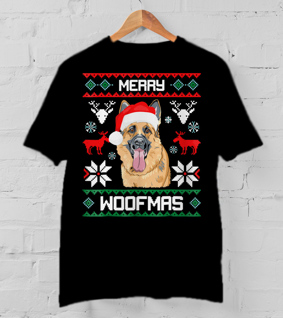 Merry Woofmas German Shepherd Santa Hat Christmas Reindeer Snowflakes T-Shirt
