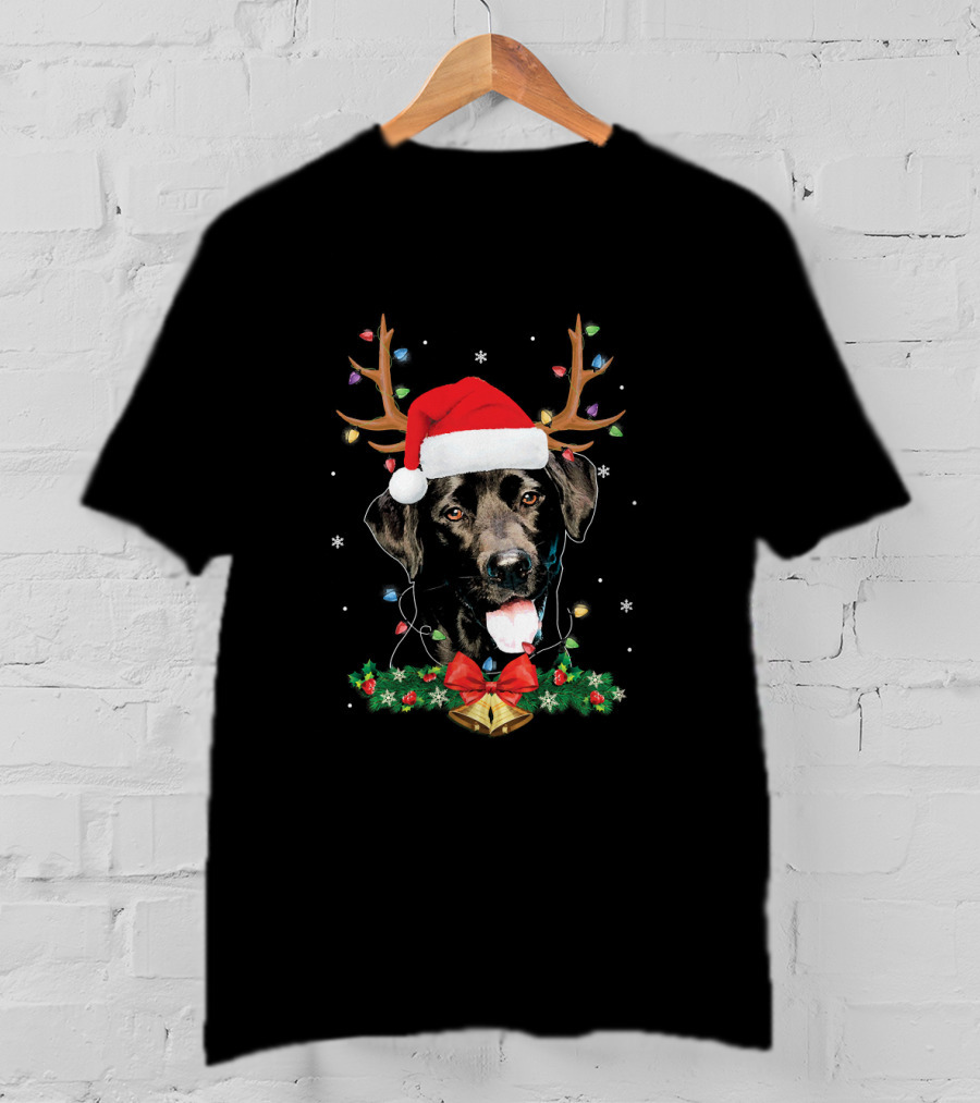 Black Labrador Santa Reindeer Antlers Christmas Lights Holiday Decor T-Shirt