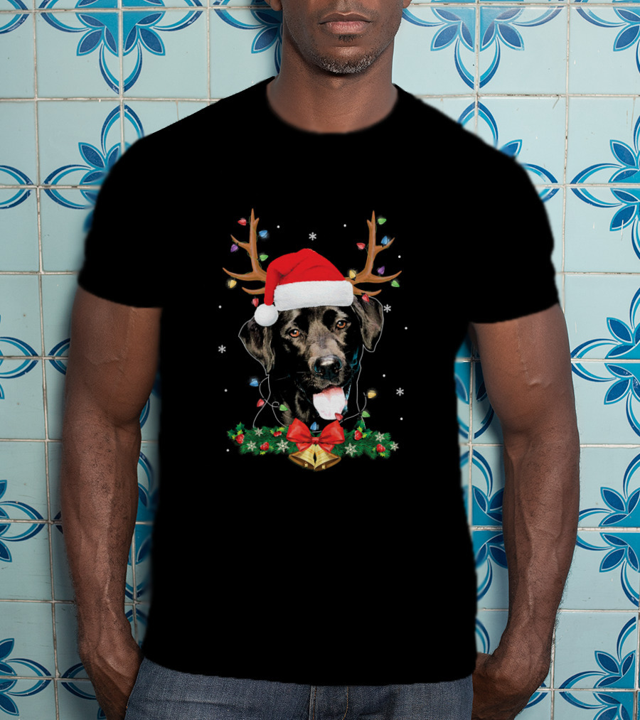 Black Labrador Santa Reindeer Antlers Christmas Lights Holiday Decor T-Shirt