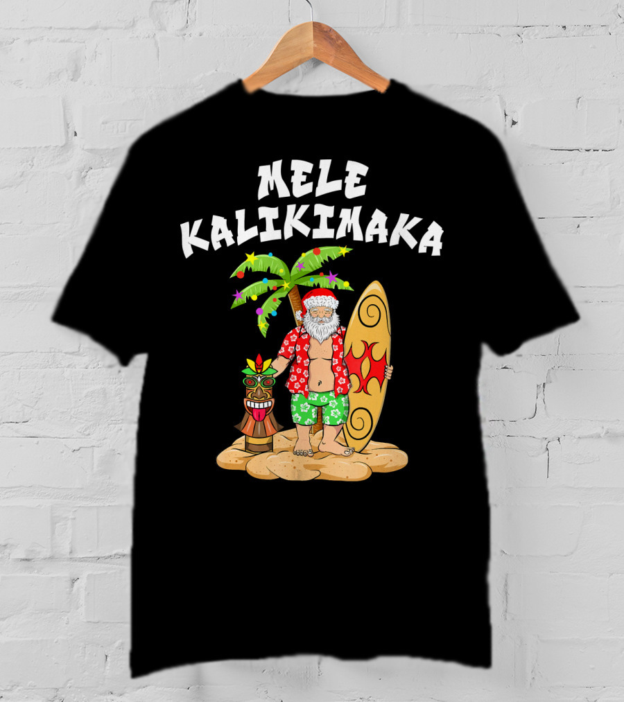 Mele Kalikimaka Santa With Surfboard And Tropical Tiki Palm Tree T-Shirt