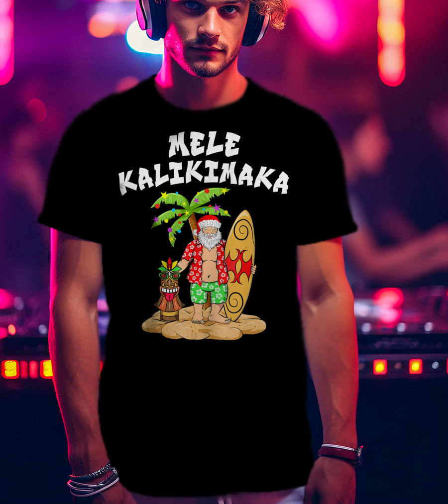 Mele Kalikimaka Santa With Surfboard And Tropical Tiki Palm Tree T-Shirt