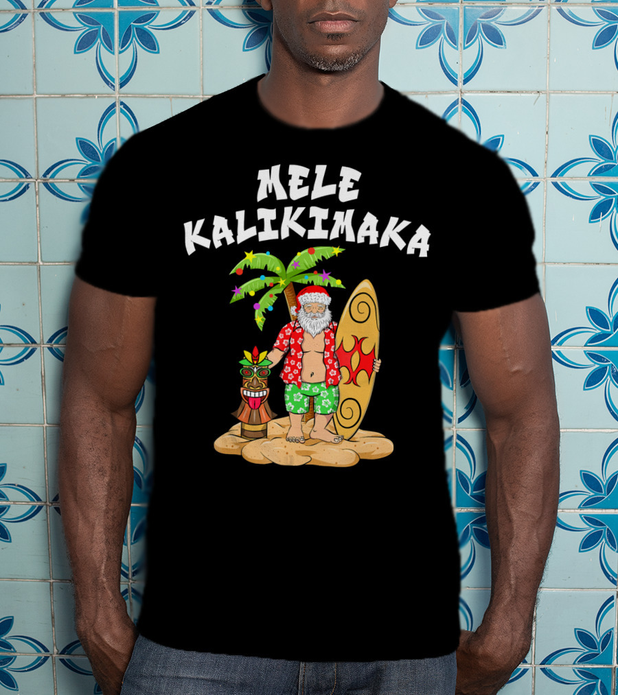 Mele Kalikimaka Santa With Surfboard And Tropical Tiki Palm Tree T-Shirt