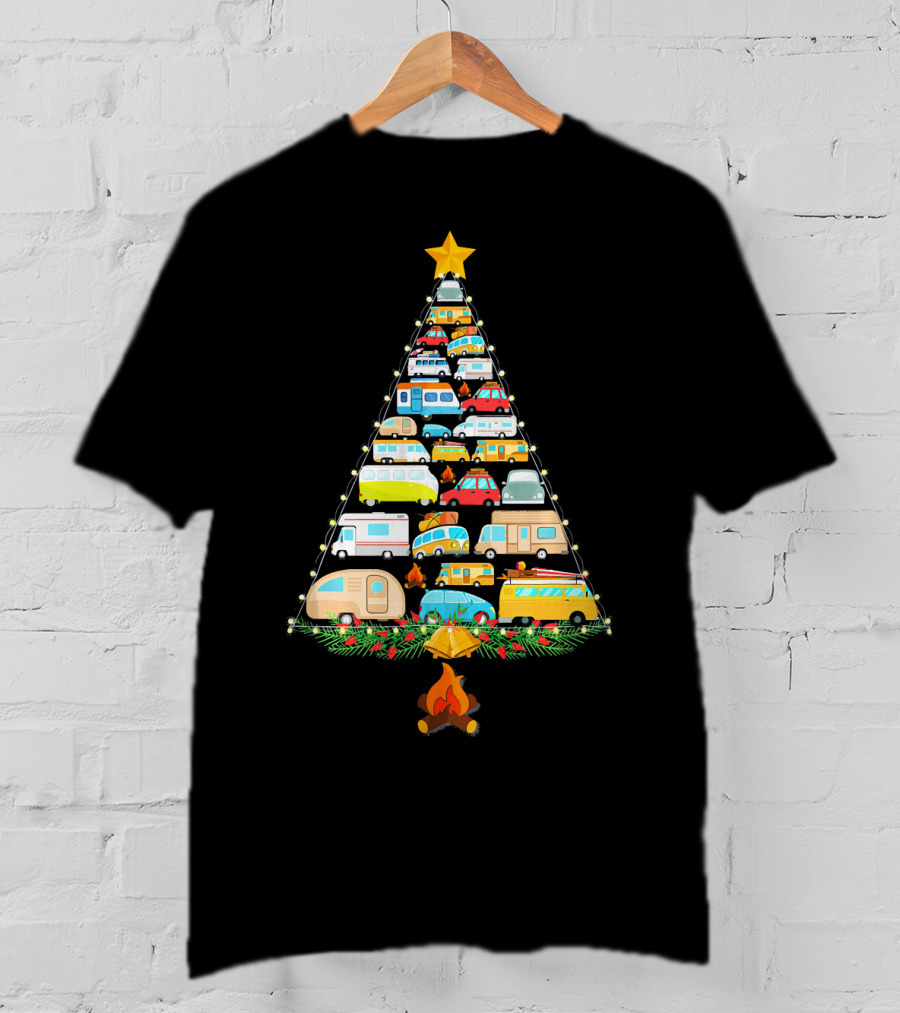 Christmas Tree Made Of Colorful Camping Vehicles With Star And Campfire T-Shirt