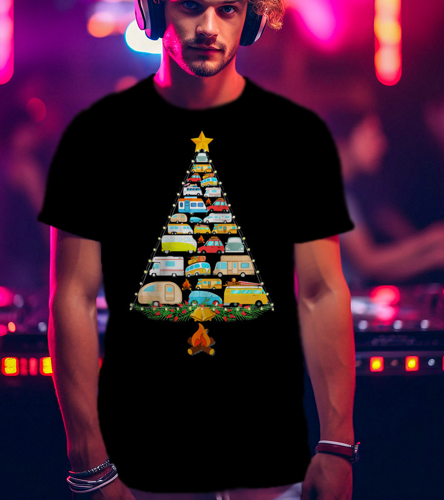 Christmas Tree Made Of Colorful Camping Vehicles With Star And Campfire T-Shirt