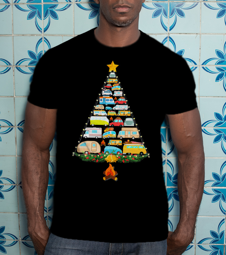 Christmas Tree Made Of Colorful Camping Vehicles With Star And Campfire T-Shirt