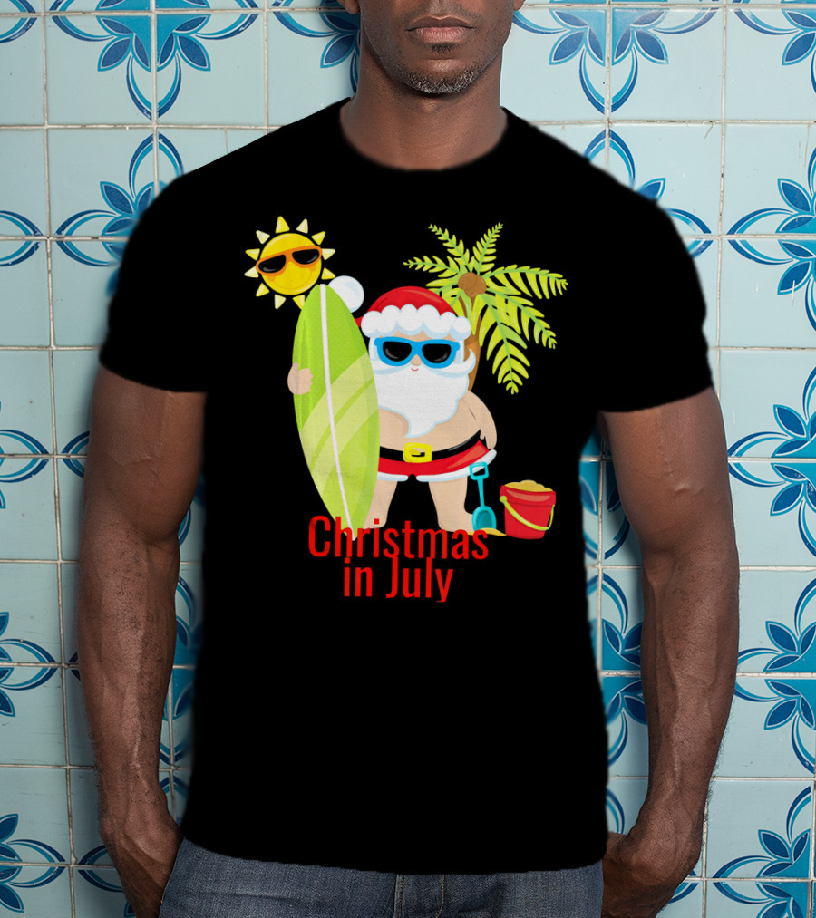 Christmas In July Beach Santa Surfer Sunny Holiday Fun T-Shirt