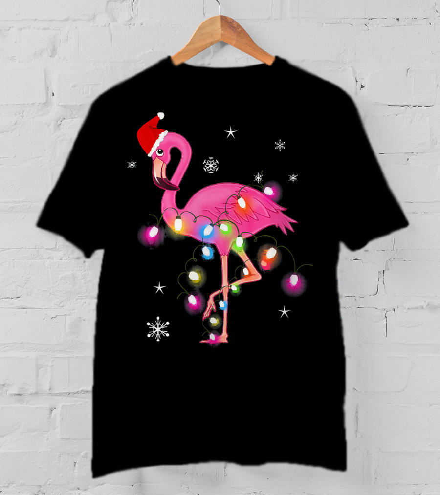 Pink Flamingo Christmas Lights And Santa Hat T-Shirt