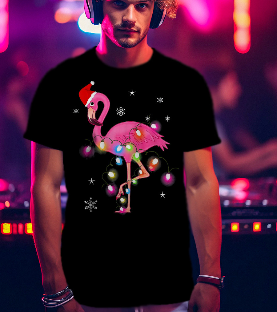 Pink Flamingo Christmas Lights And Santa Hat T-Shirt