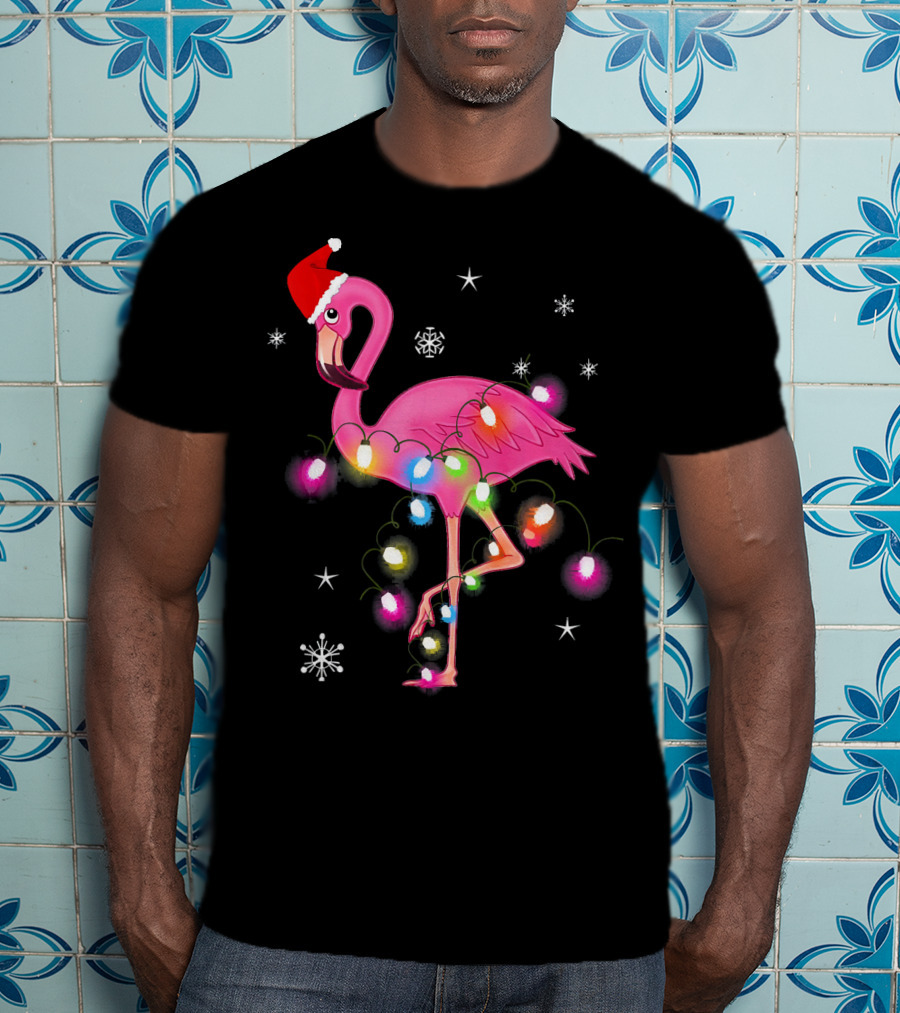 Pink Flamingo Christmas Lights And Santa Hat T-Shirt