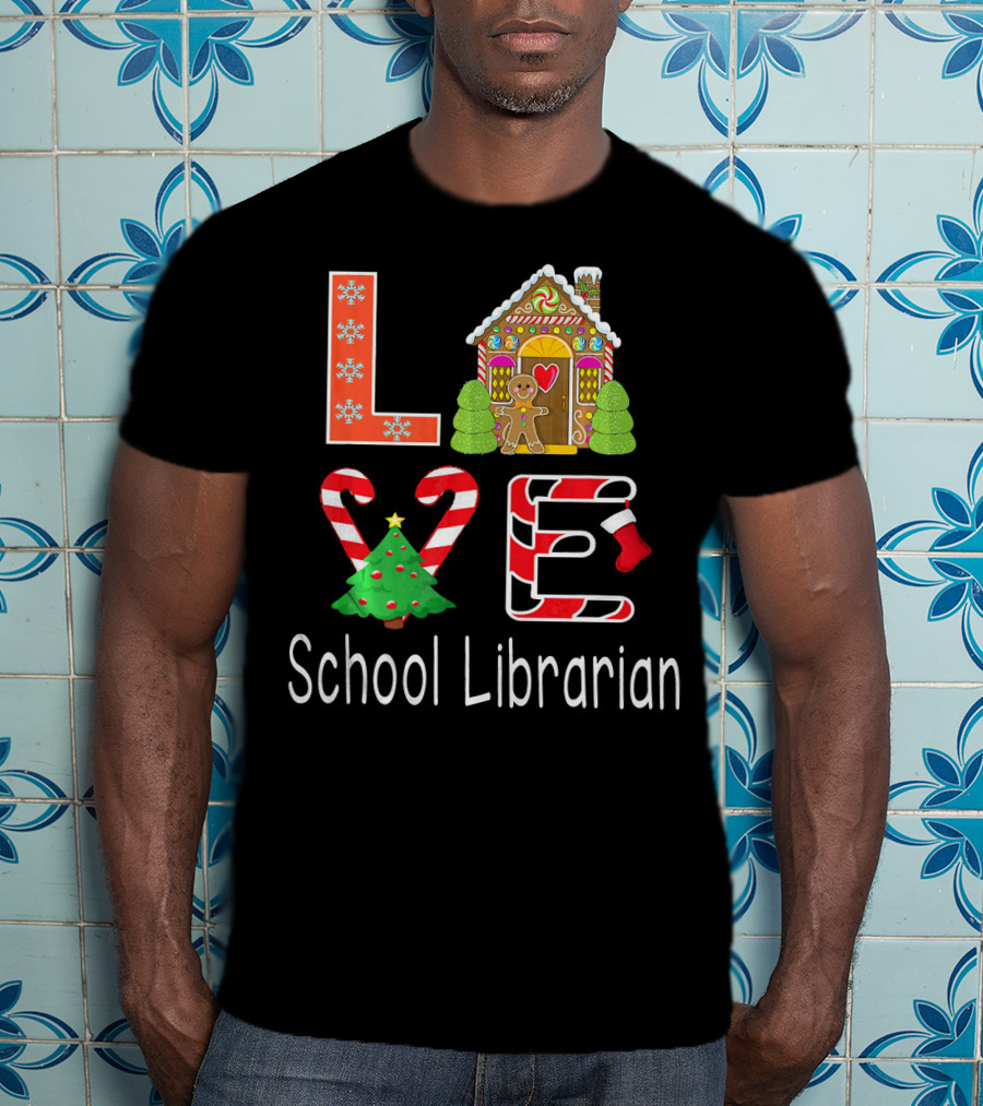 LOVE School Librarian Merry Christmas Gingerbread House Candy Cane Tree T-Shirt