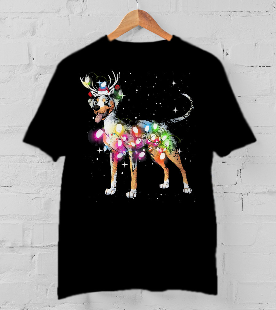 Festive Catahoula Leopard Dog With Christmas Lights And Reindeer Antlers T-Shirt