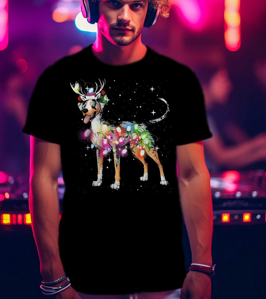 Festive Catahoula Leopard Dog With Christmas Lights And Reindeer Antlers T-Shirt