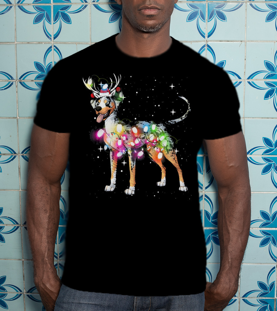 Festive Catahoula Leopard Dog With Christmas Lights And Reindeer Antlers T-Shirt