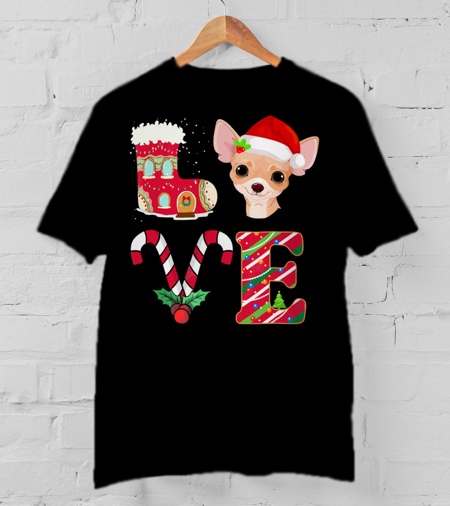 I Love My Chihuahua Christmas Theme With Santa Hat And Holiday Decorations T-Shirt