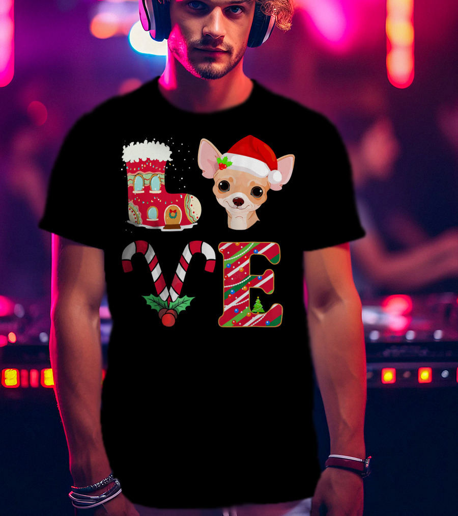 I Love My Chihuahua Christmas Theme With Santa Hat And Holiday Decorations T-Shirt