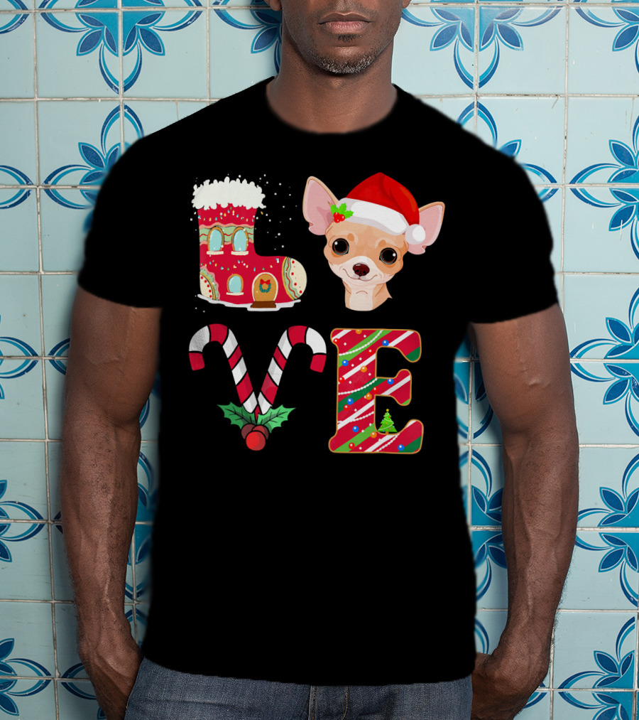 I Love My Chihuahua Christmas Theme With Santa Hat And Holiday Decorations T-Shirt