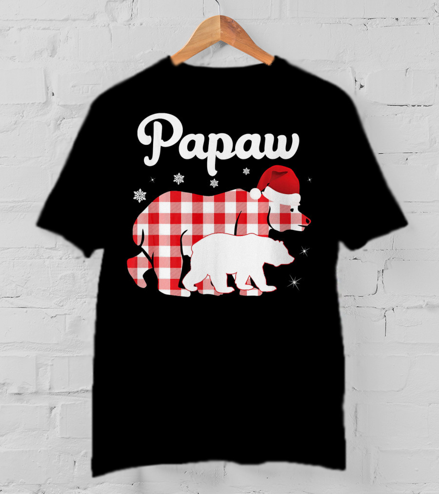 Papaw Red Plaid Bear Santa Hat Snowflakes Matching Family Pajama T-Shirt