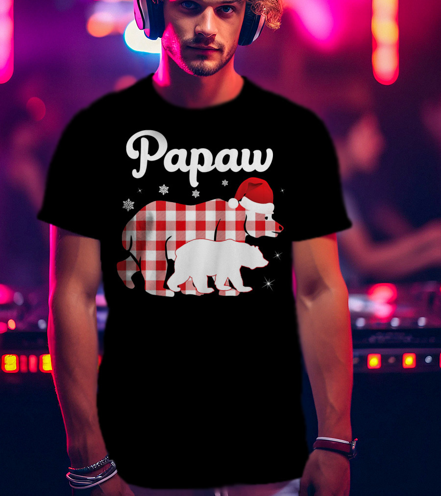Papaw Red Plaid Bear Santa Hat Snowflakes Matching Family Pajama T-Shirt