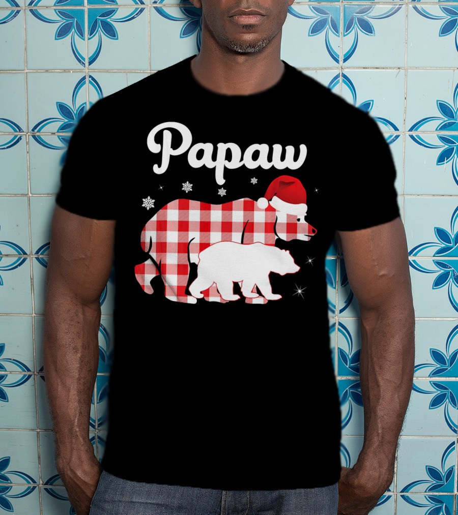 Papaw Red Plaid Bear Santa Hat Snowflakes Matching Family Pajama T-Shirt