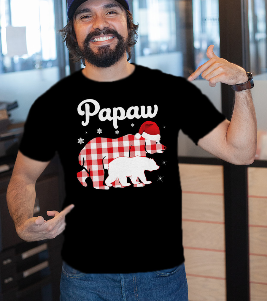 Papaw Red Plaid Bear Santa Hat Snowflakes Matching Family Pajama T-Shirt