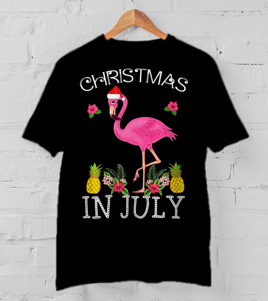 Christmas In July Pink Flamingo Santa Hat Pineapples Floral T-Shirt