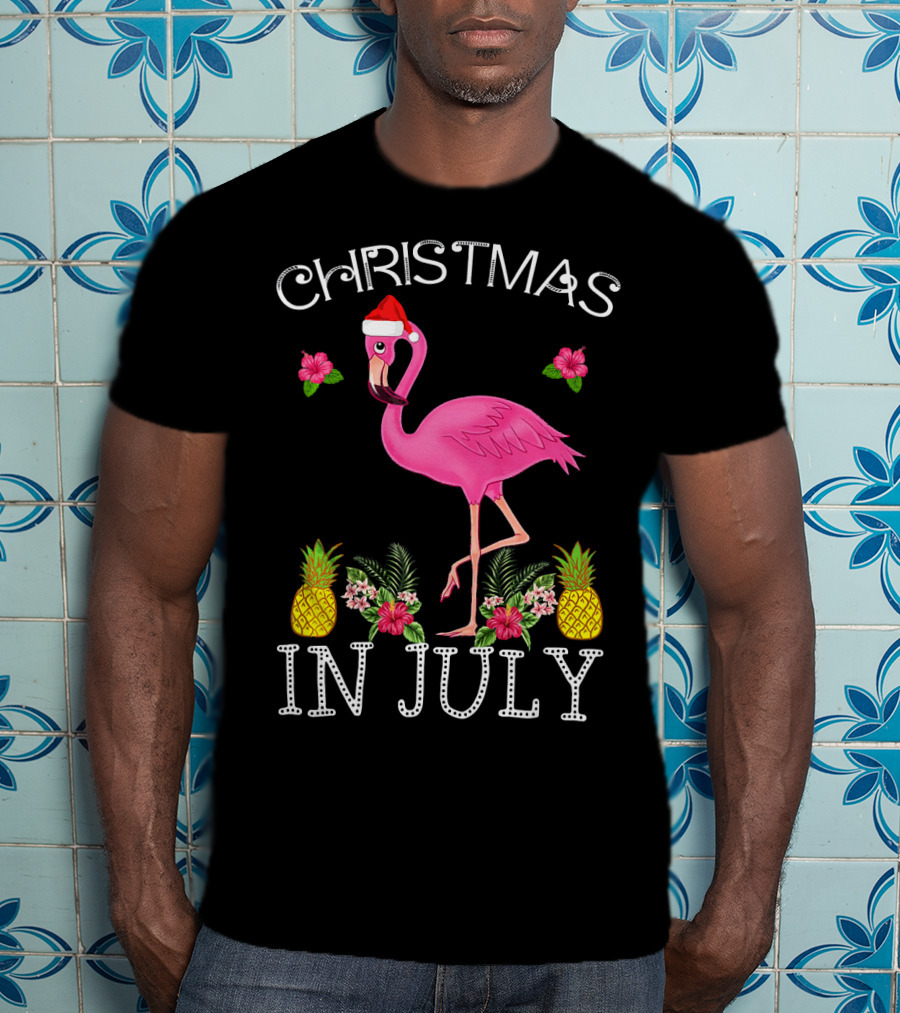 Christmas In July Pink Flamingo Santa Hat Pineapples Floral T-Shirt
