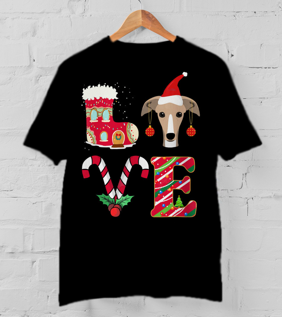 I Love My Greyhound Christmas Love Gingerbread Stocking Santa Hat Candy Cane Ornaments T-Shirt