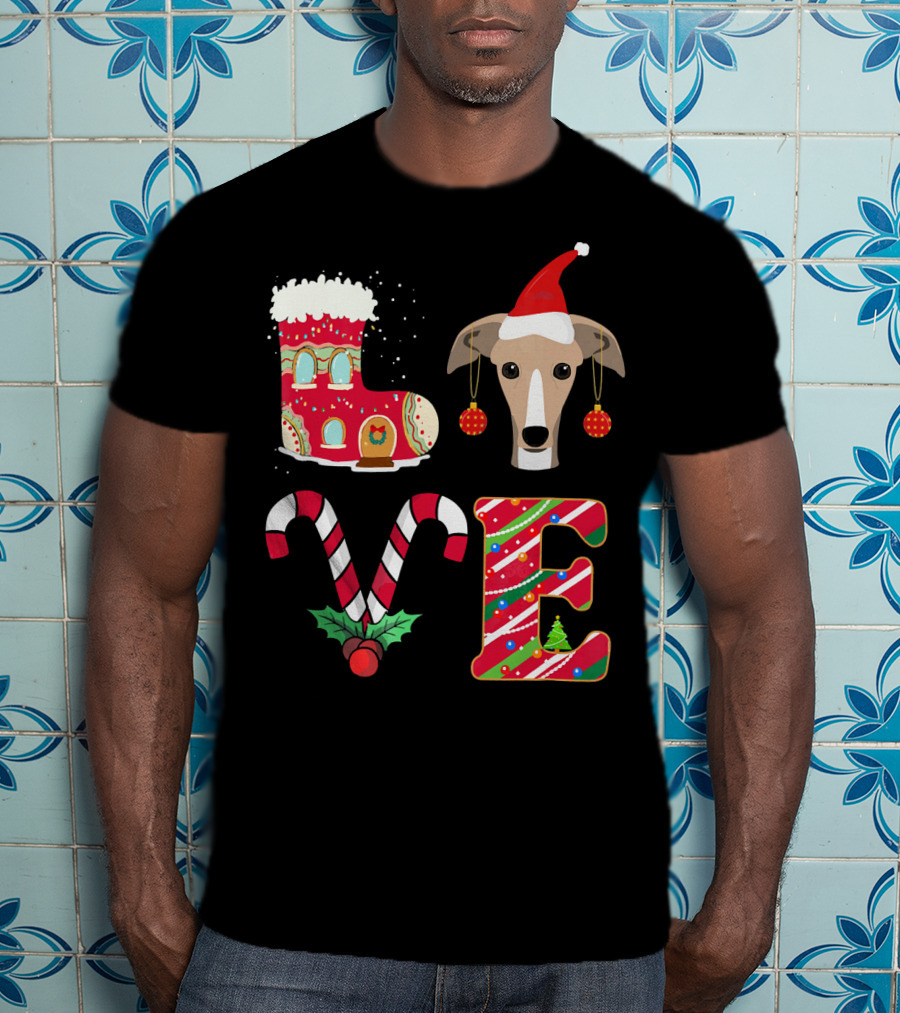 I Love My Greyhound Christmas Love Gingerbread Stocking Santa Hat Candy Cane Ornaments T-Shirt