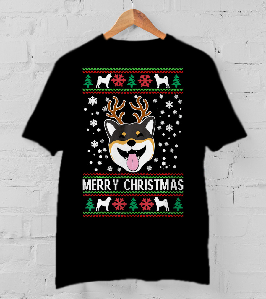 Merry Christmas Shiba Inu Reindeer Antlers Snowflakes Ugly T-Shirt