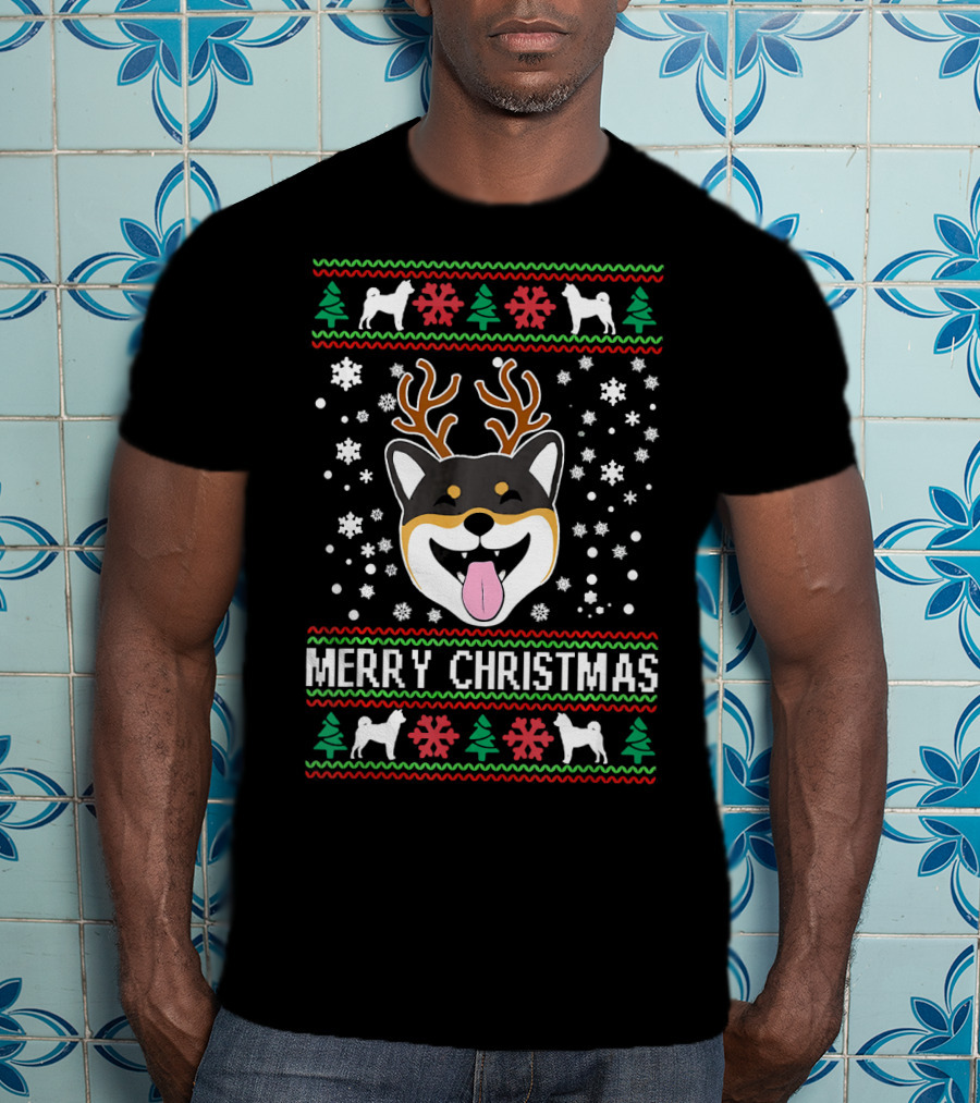 Merry Christmas Shiba Inu Reindeer Antlers Snowflakes Ugly T-Shirt