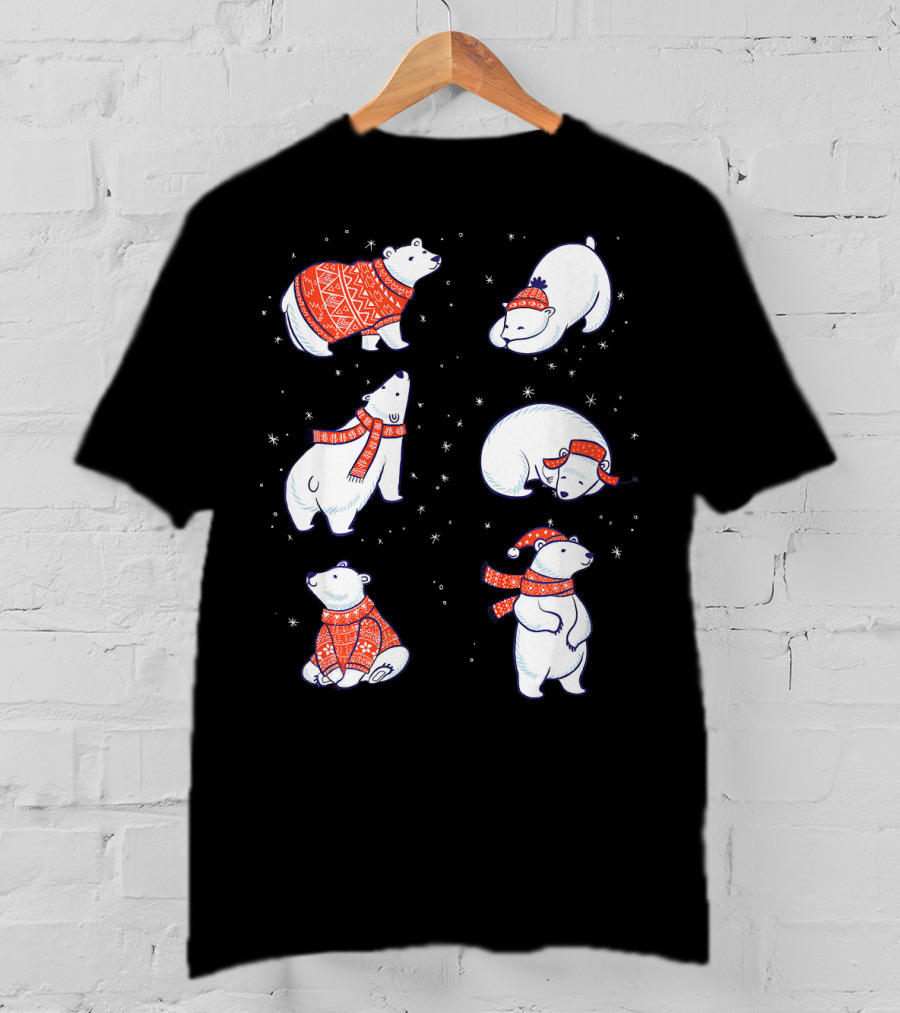 Cute Hand Drawn Polar Bear In Festive Red Sweaters And Scarves T-Shirt