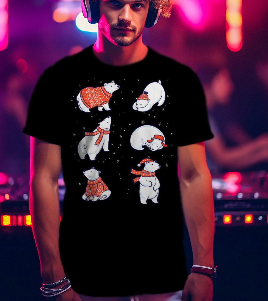 Cute Hand Drawn Polar Bear In Festive Red Sweaters And Scarves T-Shirt