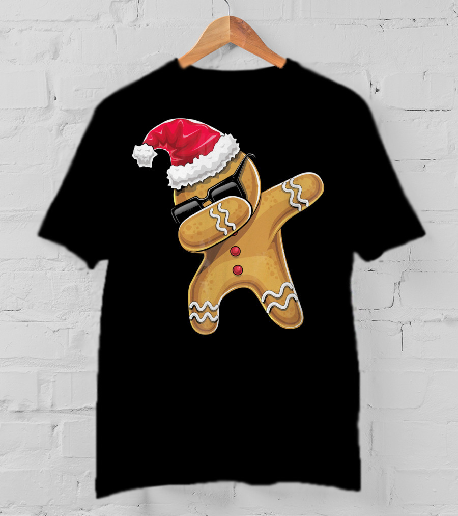 Santa Hat Dabbing Gingerbread Man Holiday Baking T-Shirt