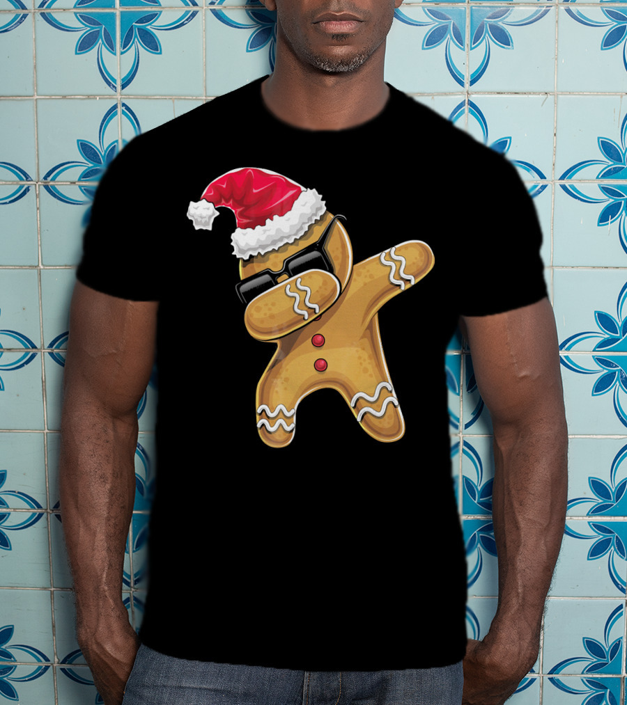 Santa Hat Dabbing Gingerbread Man Holiday Baking T-Shirt