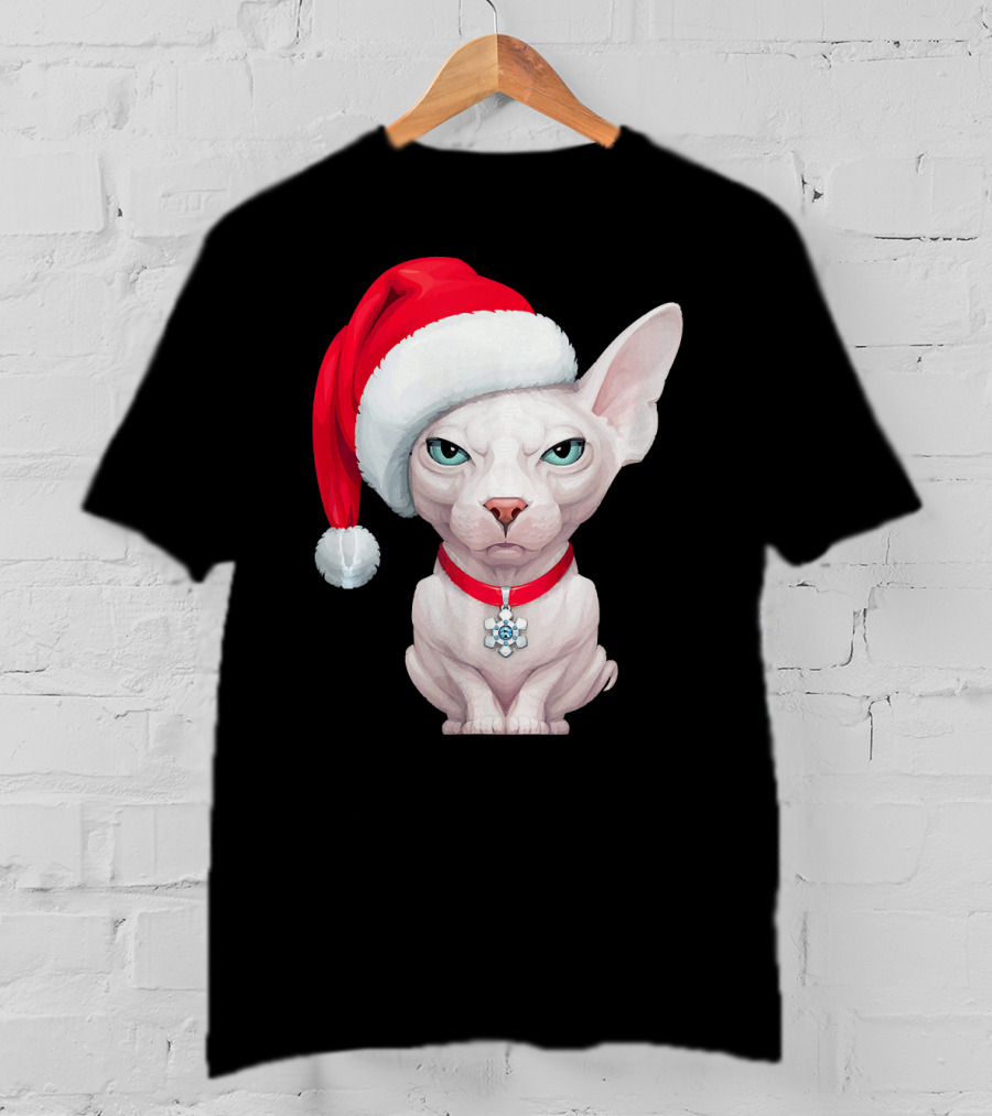 Sphynx Cat Santa Hat Christmas Holiday Festive Pet Charm T-Shirt