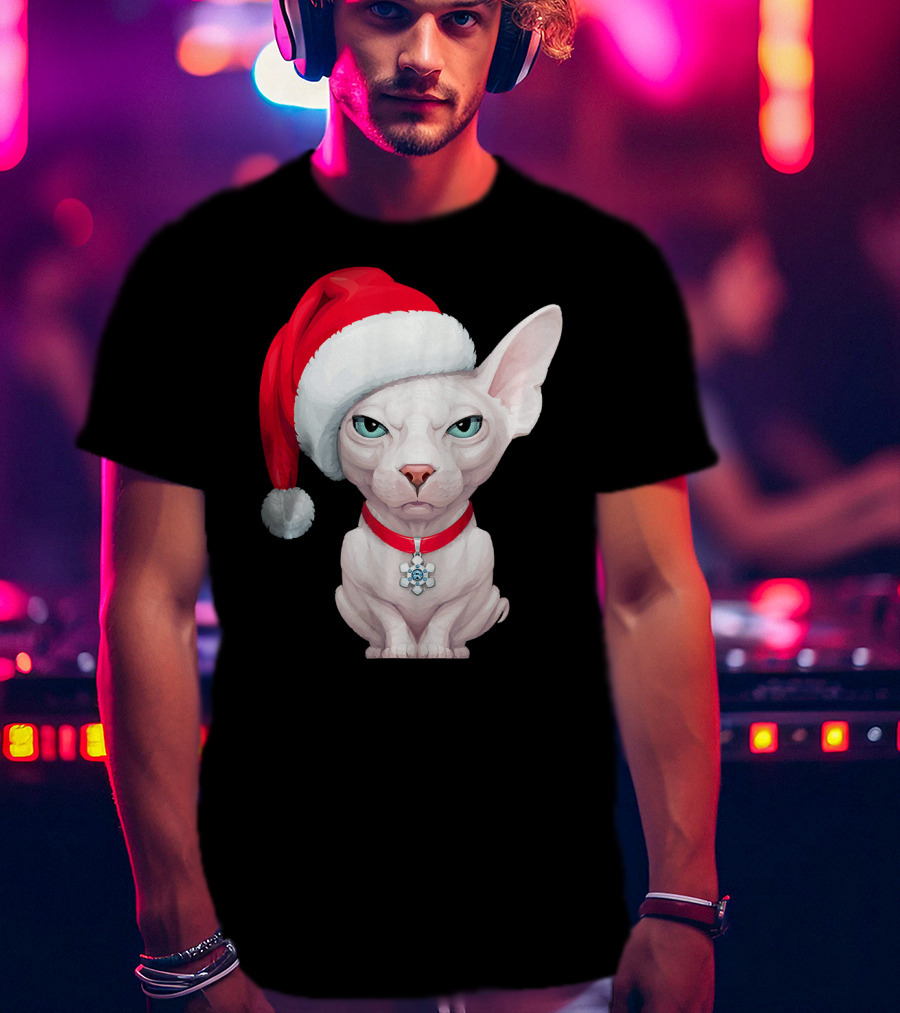 Sphynx Cat Santa Hat Christmas Holiday Festive Pet Charm T-Shirt