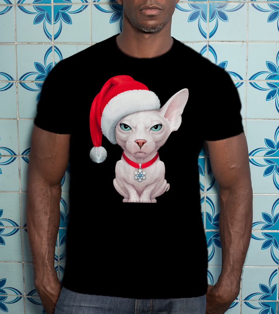 Sphynx Cat Santa Hat Christmas Holiday Festive Pet Charm T-Shirt