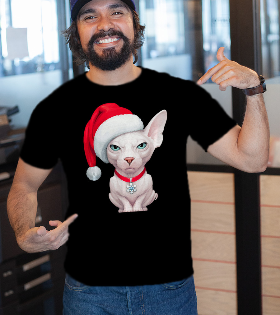 Sphynx Cat Santa Hat Christmas Holiday Festive Pet Charm T-Shirt