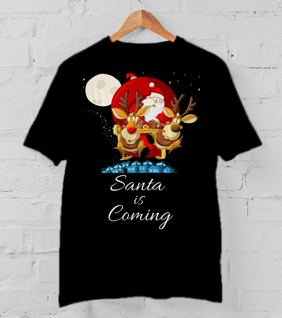 Santa Is Coming With Reindeer Sleigh Under The Moonlight T-Shirt