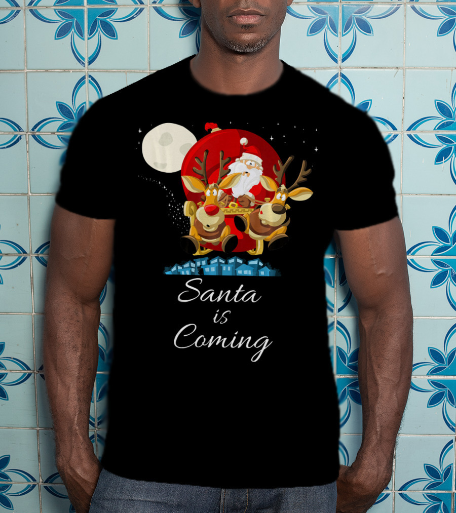 Santa Is Coming With Reindeer Sleigh Under The Moonlight T-Shirt