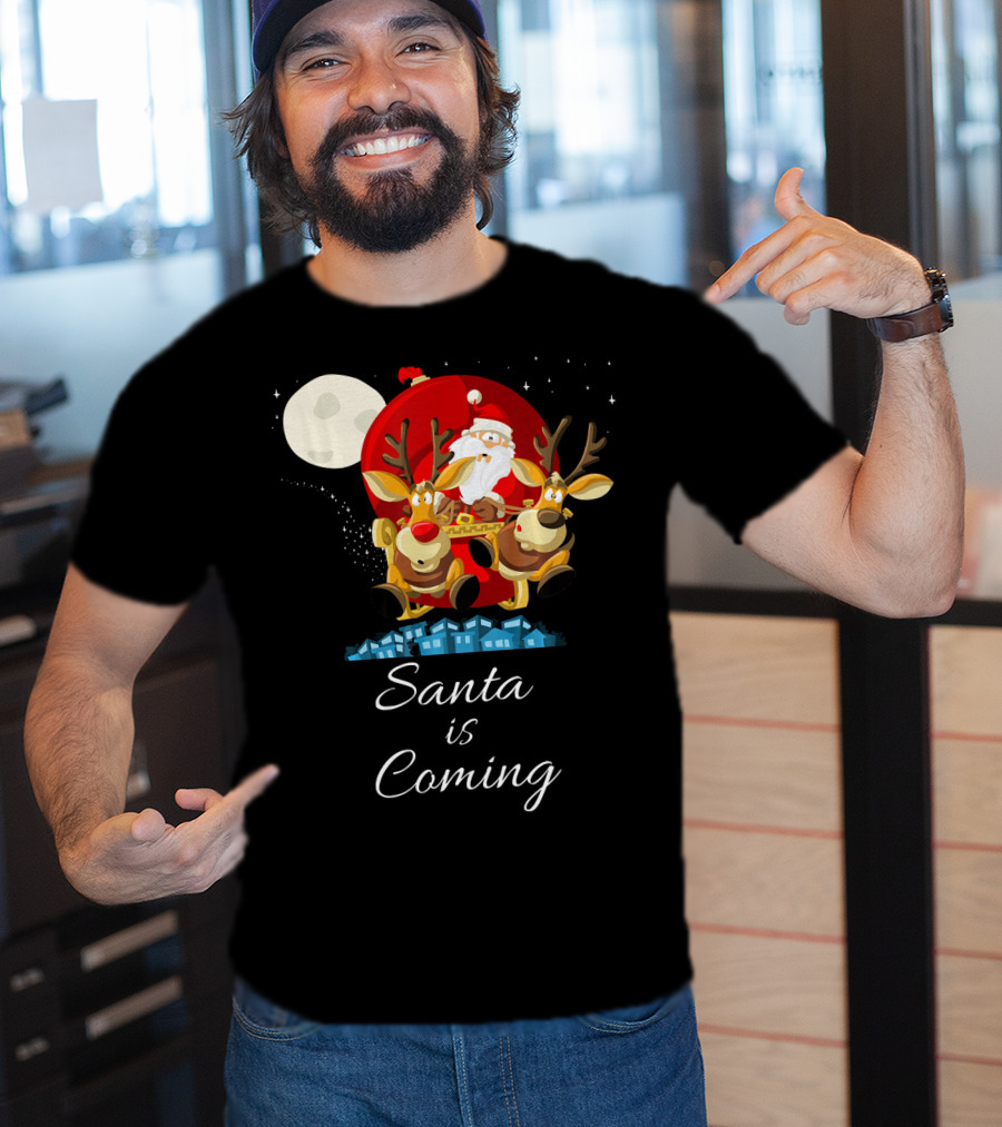 Santa Is Coming With Reindeer Sleigh Under The Moonlight T-Shirt