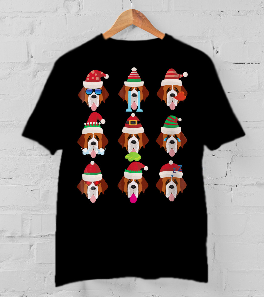 SAINT BERNARD Dog Faces Santa Hat Christmas Expressions T-Shirt