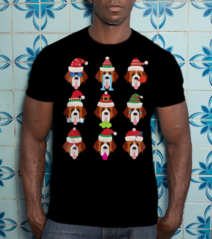 SAINT BERNARD Dog Faces Santa Hat Christmas Expressions T-Shirt