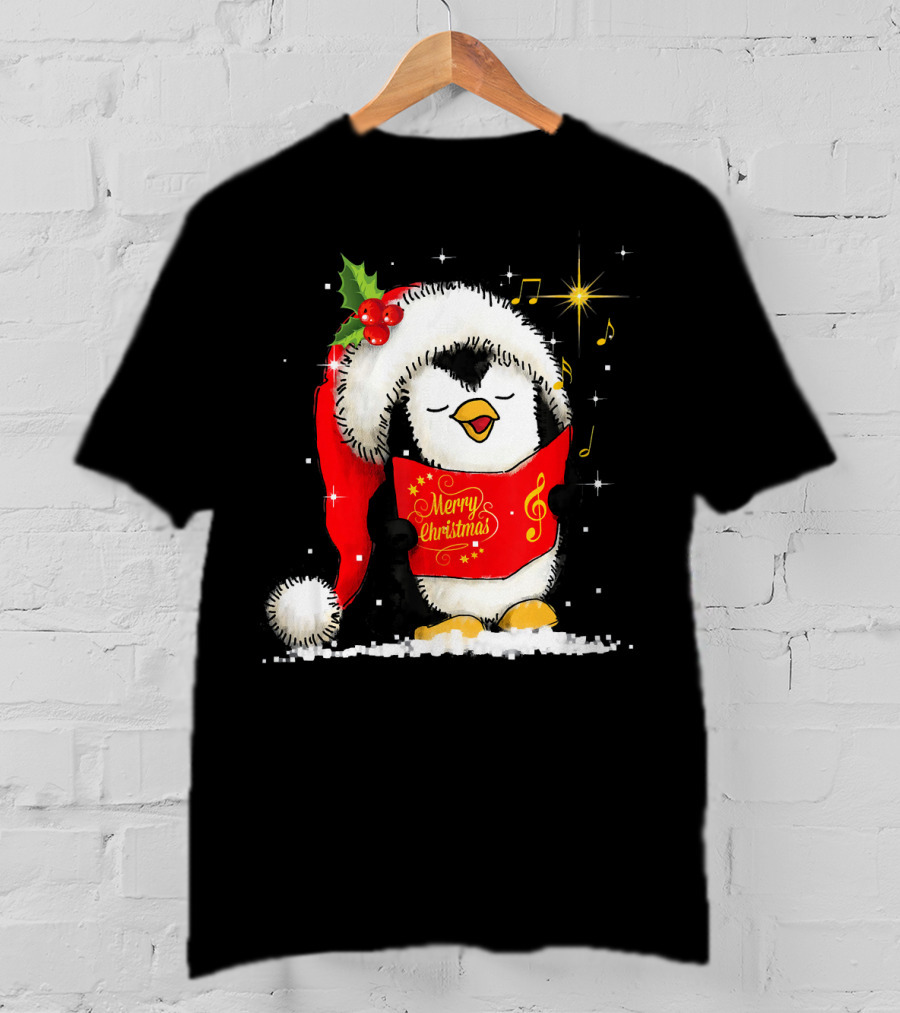 Tee89s Penguin Merry Christmas Song With Santa Hat And Music Notes T-Shirt