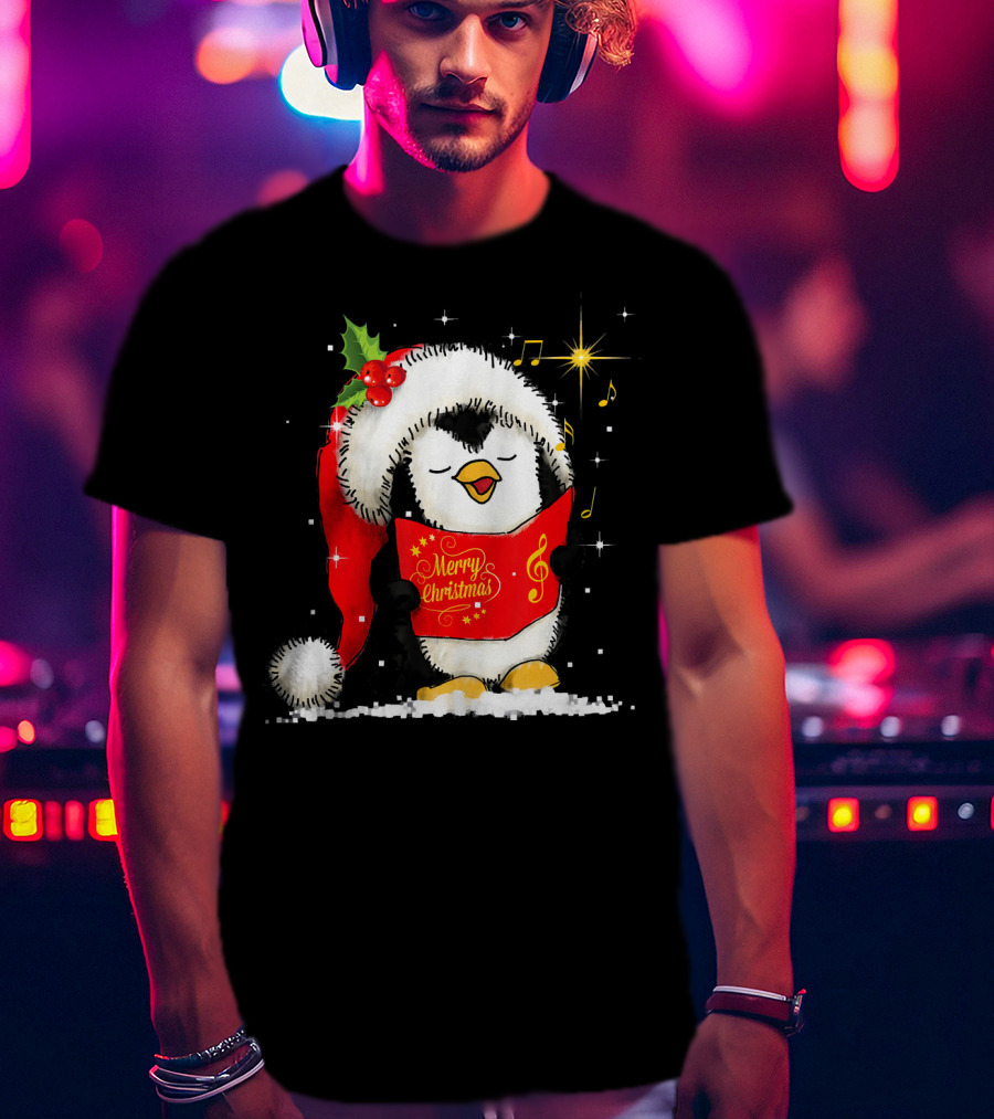 Tee89s Penguin Merry Christmas Song With Santa Hat And Music Notes T-Shirt