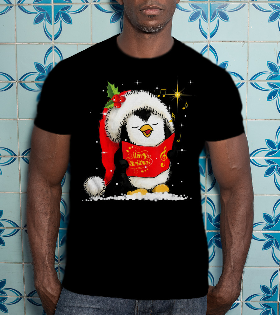 Tee89s Penguin Merry Christmas Song With Santa Hat And Music Notes T-Shirt