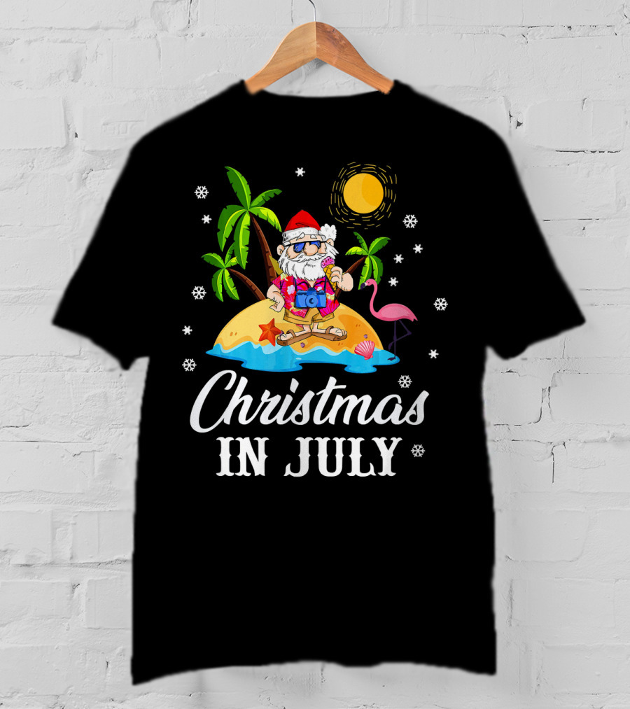 Christmas In July Flamingo Santa On Tropical Island With Palm Trees And Sun T-Shirt
