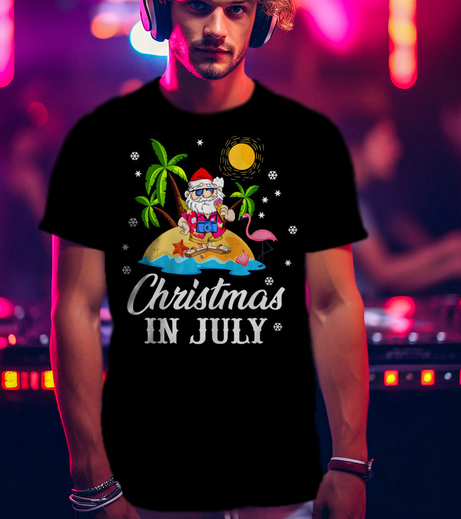 Christmas In July Flamingo Santa On Tropical Island With Palm Trees And Sun T-Shirt