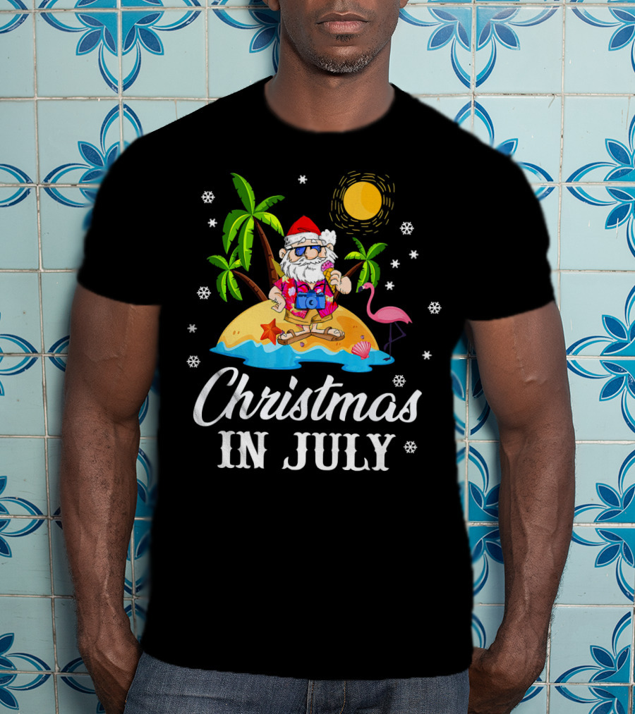 Christmas In July Flamingo Santa On Tropical Island With Palm Trees And Sun T-Shirt